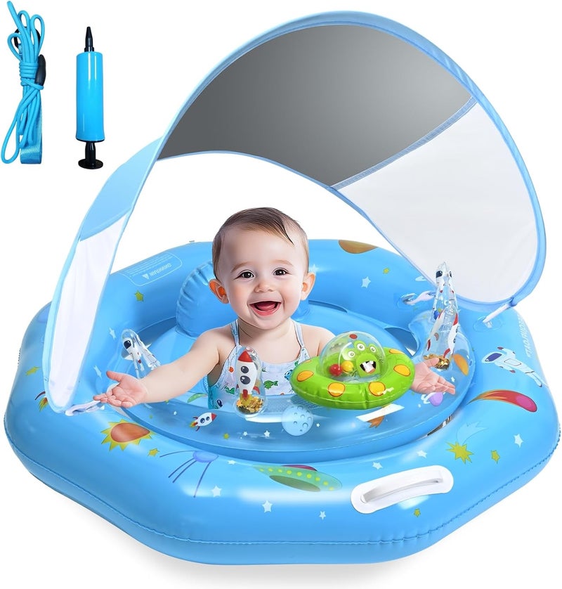GEEQUFLOAT Baby Pool Float with Canopy & Toy Console,Adjustable Safe Seat,Removable UPF50+ Sunshade Infant Pool Float for 6-36 Months,Baby Floaties 6-12 Months with Safety Handle & Rope for Pool - Image 1